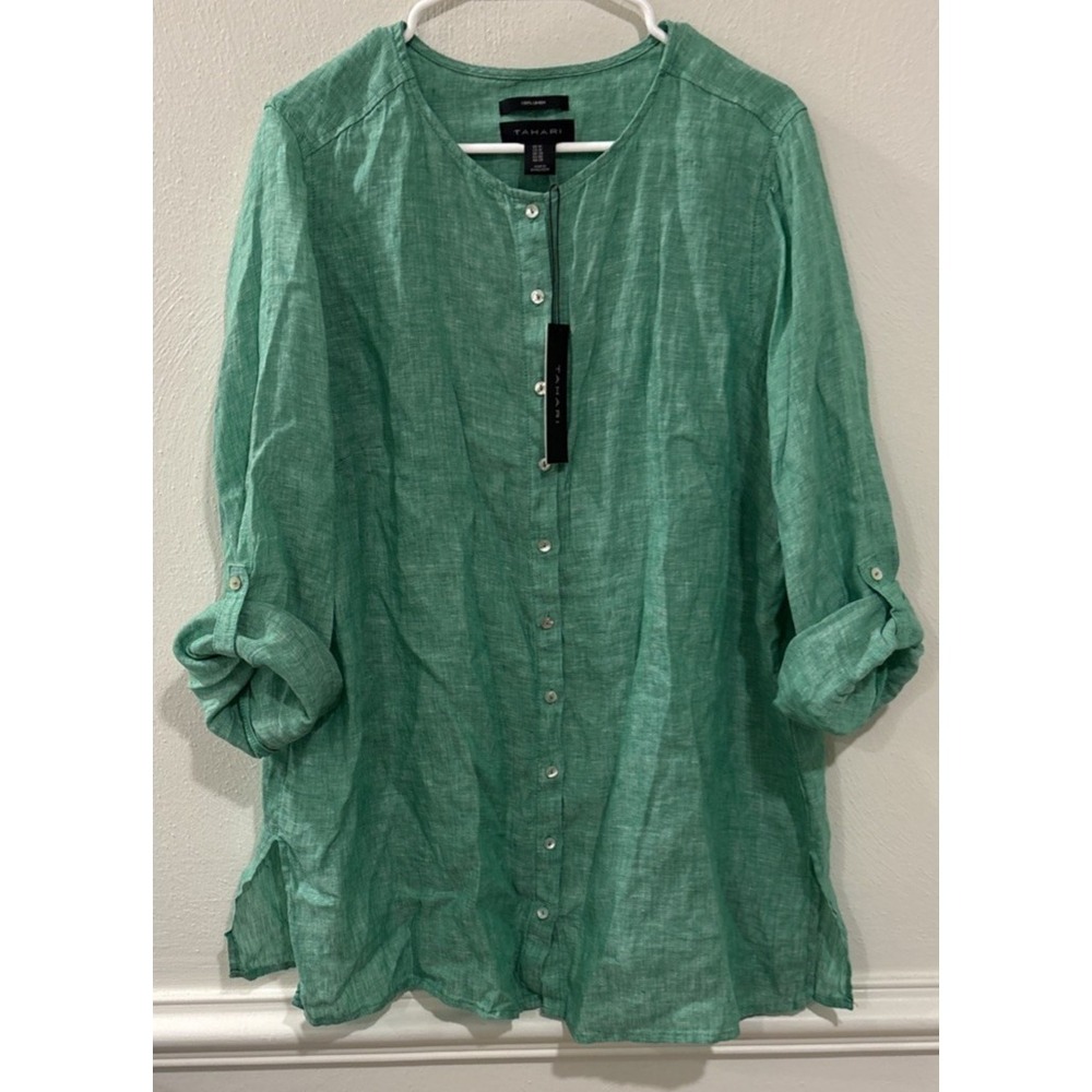 Tahari 100% Linen Button Up Blouse Womens 1X Green Lightweight NWT